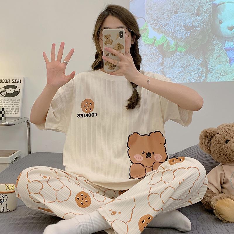 Women's Summer Pajama Set: Plus Size Loose Fit, Short Sleeve Top & Long Pants with Cartoon Design, Lightweight Home Wear