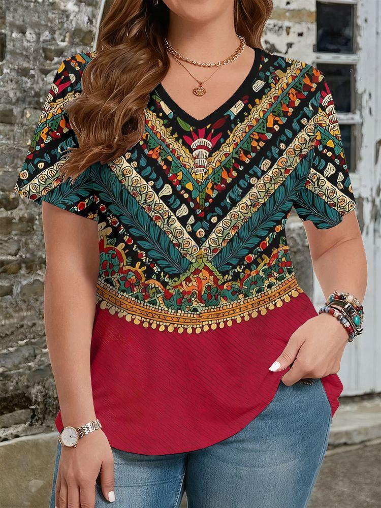 Ethnische Stil Blumen T-Shirts 3D Druck Sommer Damen V-Ausschnitt Kurzarm T-Shirt Y2k Harajuku Tees Lässige Oberteile Damenbekleidung