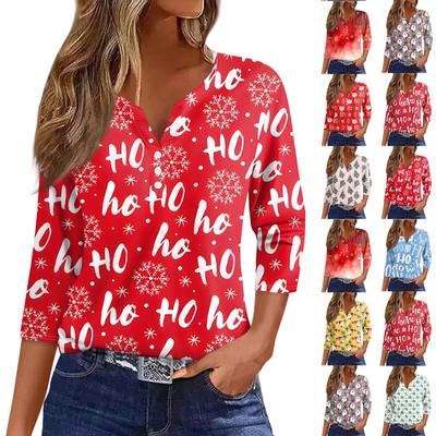 Damen T-Shirt mit Weihnachtsdruck, Knopfleiste, 3/4-Ärmel, für den Alltag und das Wochenende, modisch, Basic, V-Ausschnitt, normales Oberteil