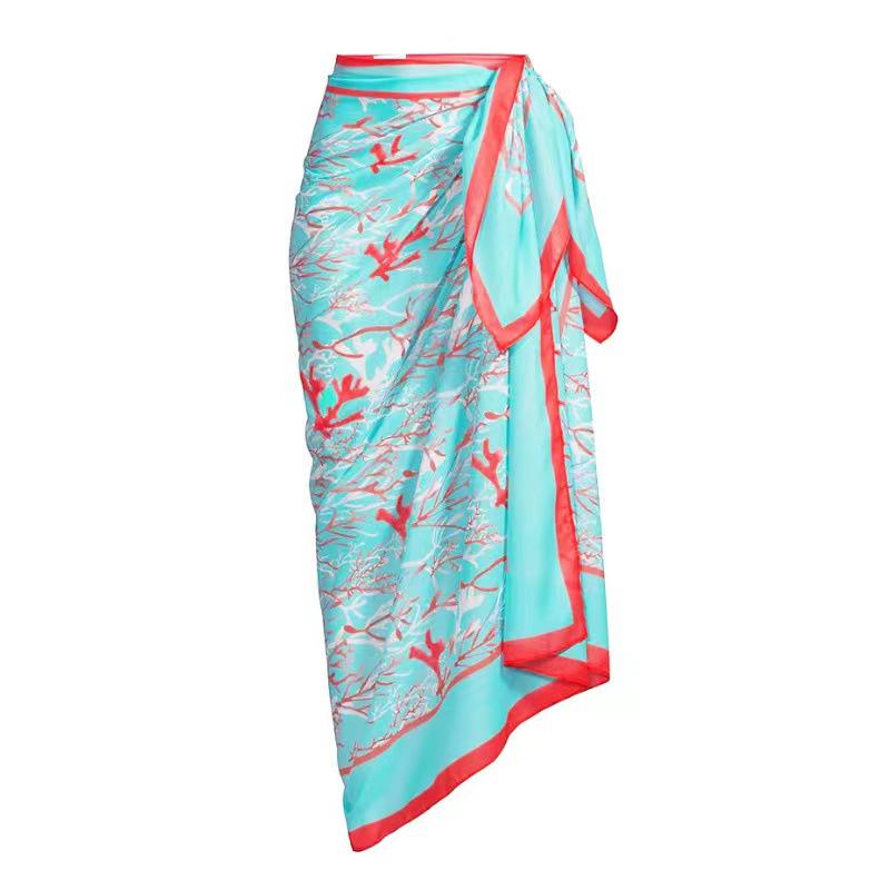 2025 European American Sexy Printed Bikini Halter with Gauze Skirt - Three-Piece Swimsuit Set