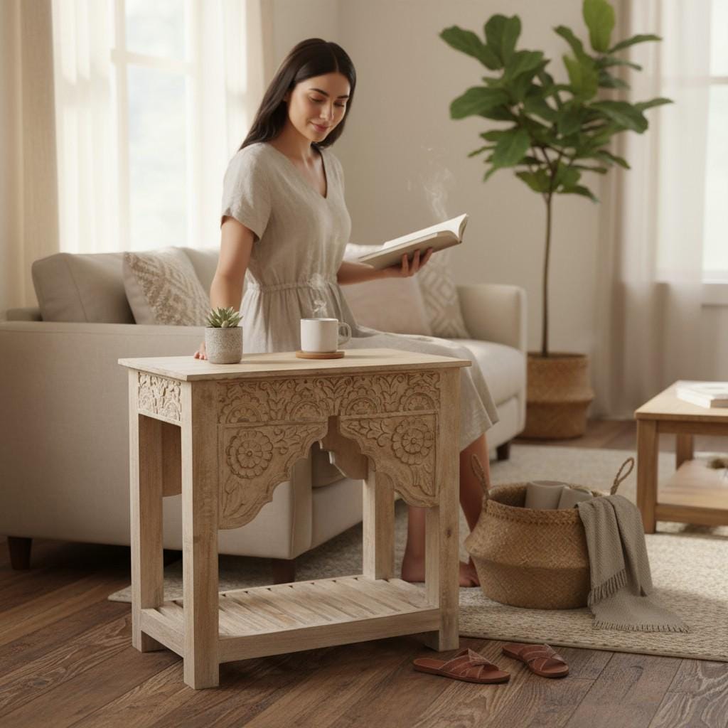 Hand-Carved Wooden Console Side Table Nightstand with Floral Bedside Table with Shelf | Solid Mango Wood Accent Table Traditional Table