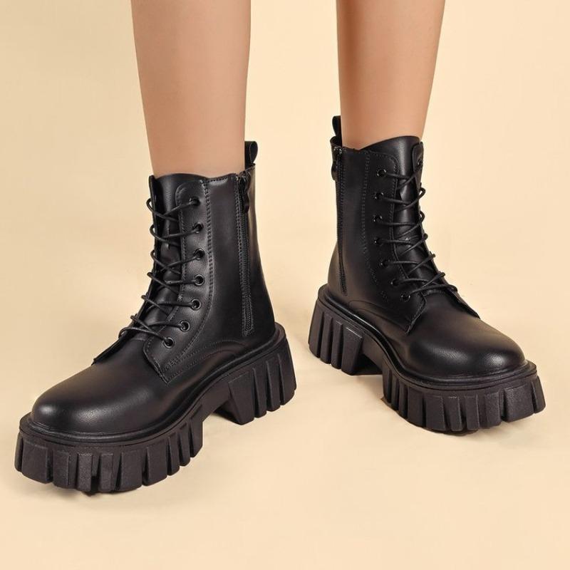 Plus Size Platform Lace-up Martin Boots for Autumn and Winter New Side Zipper Round Toe Mid-cut Fashion Women's Boots