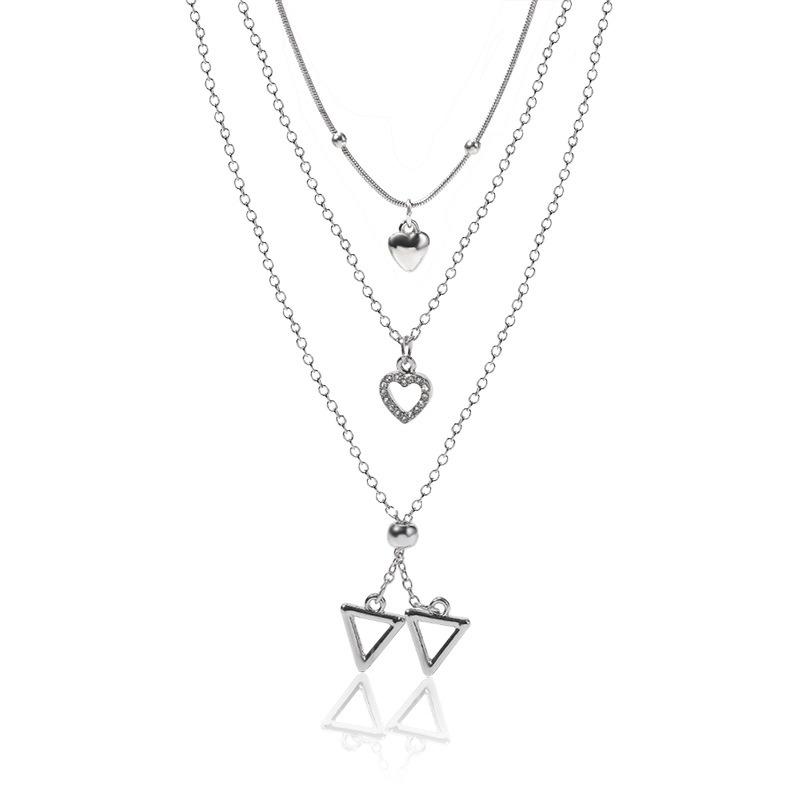 Silver Love Necklace, New Jewelry, Niche Light Luxury, Geometric Diamond Pendant, Women's Multi-layer Sweater Chain