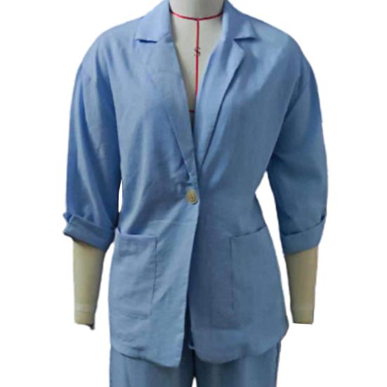 2Pcs/Set Women Spring Autumn Casual Outfit Lapel 45720 Sleeve Single Button Pockets