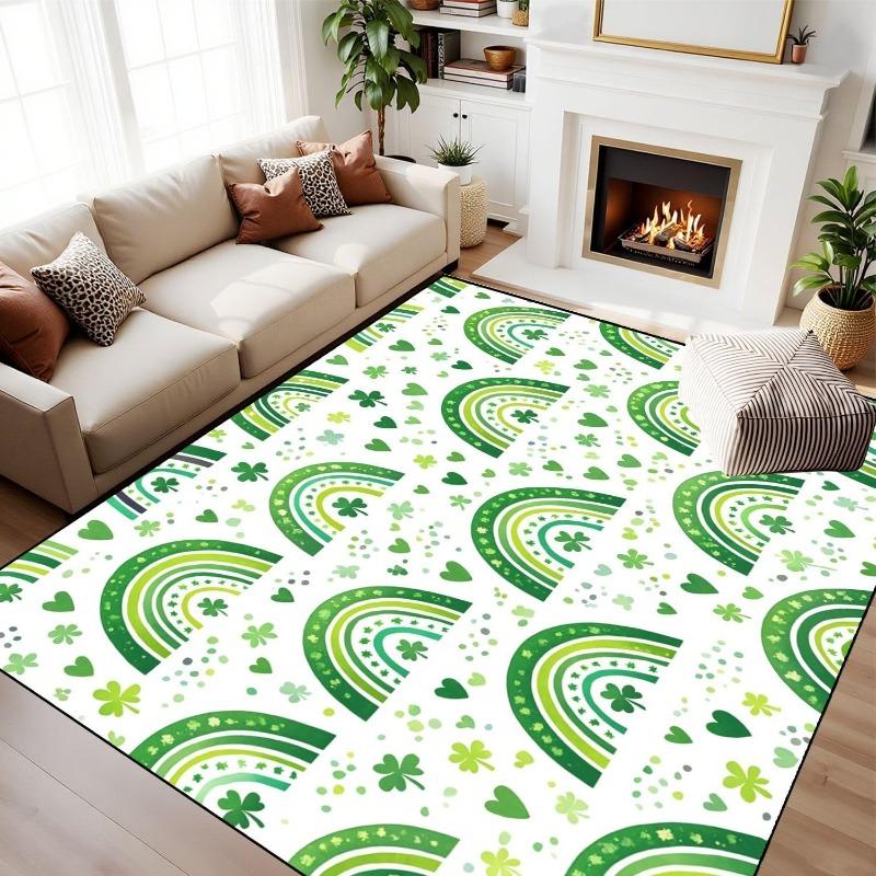 St Patricks Day Rainbow Rug Irish Green Clover Shamrock Print Decor Carpet Soft Non-Slip Floor Mat for Living Room Holiday Party