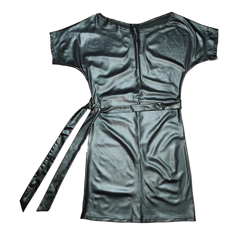 New Fashion Faux Leather Dress - Elastic Diagonal Neck & Batwing Short Sleeve