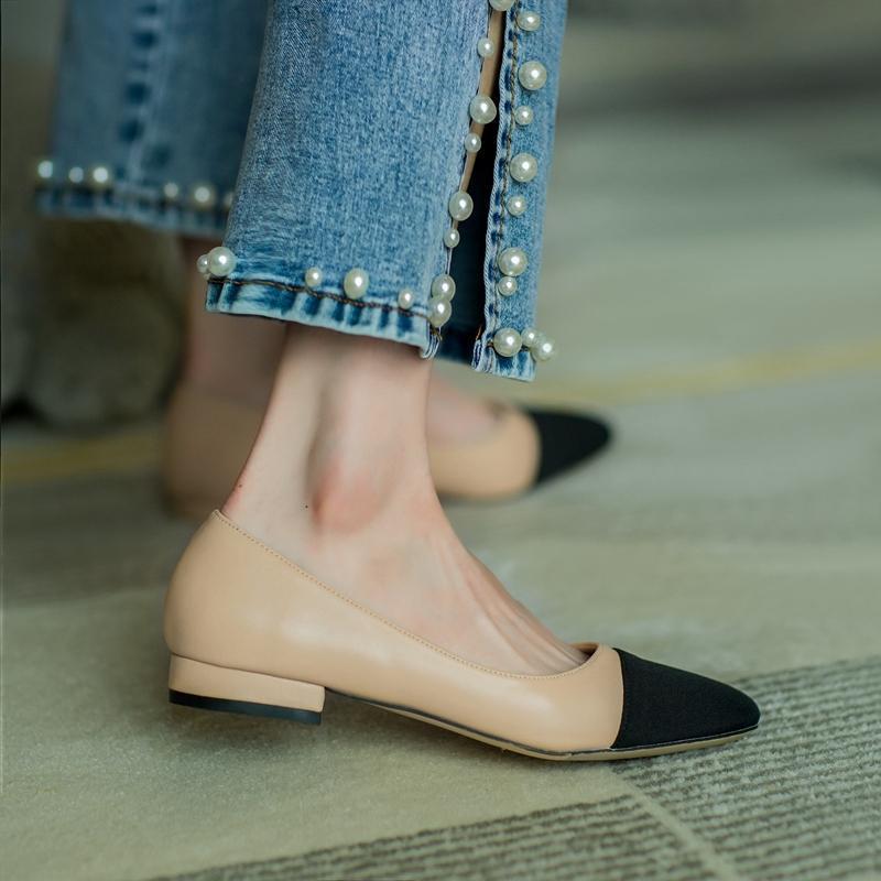 In Stock French Coco Style Soft Leather Color Block Low Cut Sandals - Women's Spring Mid and Thick Flat Heels
