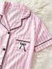 Girls Pink Striped Pajama Set, Short Sleeve Button-Down Sleepwear with Bow, Soft Loungewear for Kids 8-13 Years