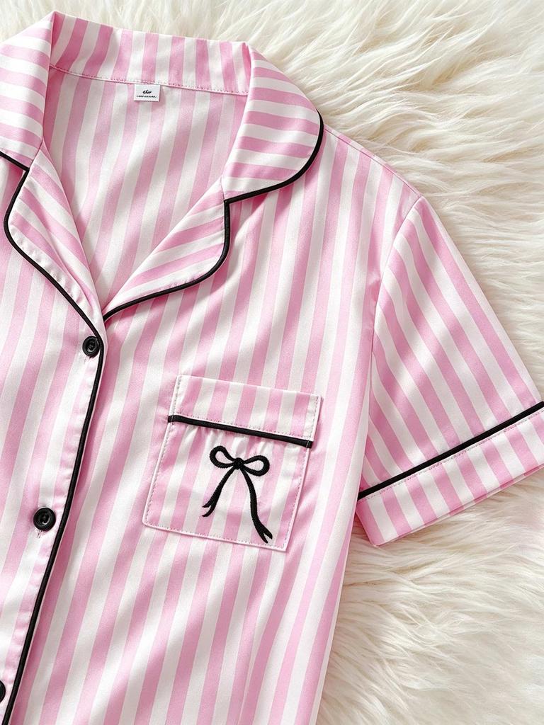Girls Pink Striped Pajama Set, Short Sleeve Button-Down Sleepwear with Bow, Soft Loungewear for Kids 8-13 Years