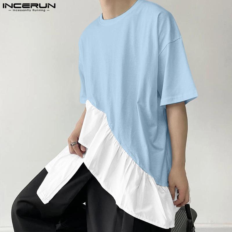 INCERUN S-XXXXXL Men O Neck Short Sleeve Patchwork Ruffled Hem Loose T-shirts