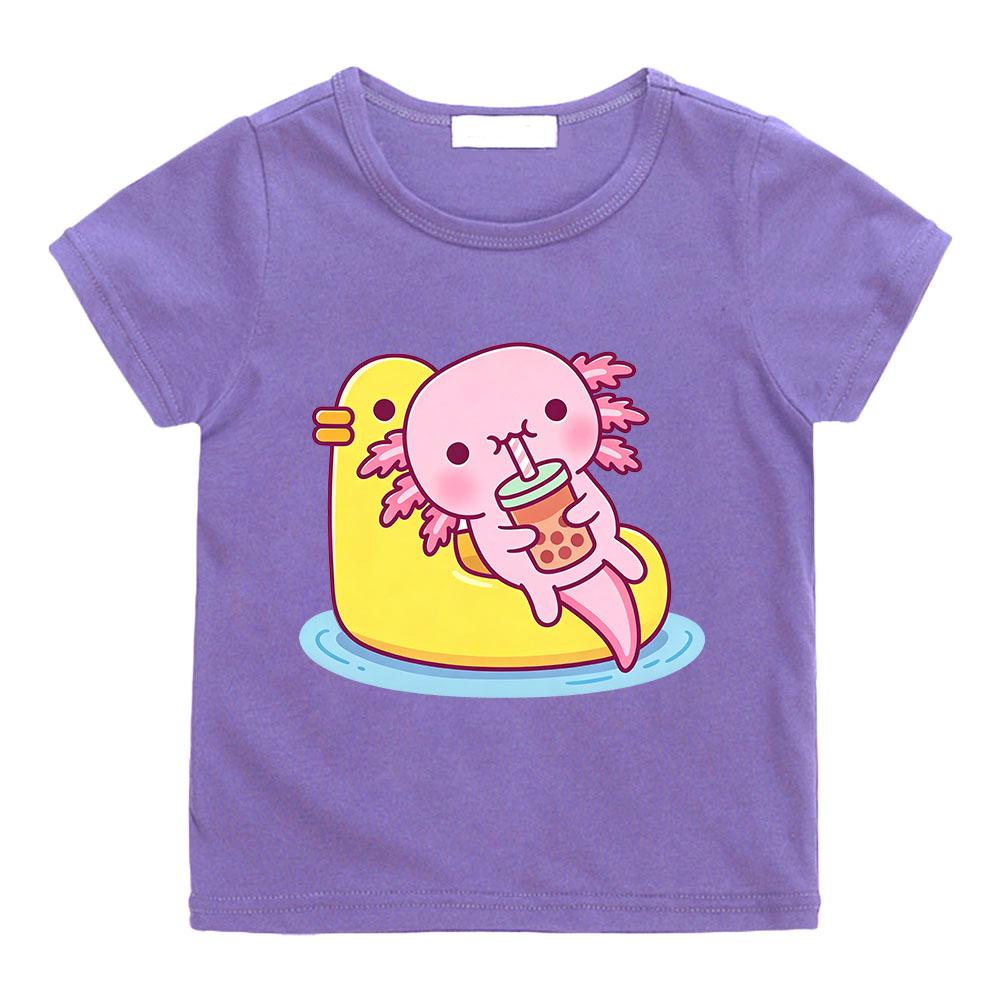 Cute Pink Axolotl Children's T-shirt Cartoon Print 100 %Cotton Tees Round Neck Boys Girls Short Sleeve Casual Kids Top Summer