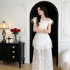 One-word Shoulder White Light Wedding Dress Bridal French Mesh Splicing Dress Advanced Texture Small Man Going Out Yarn Long Dress
