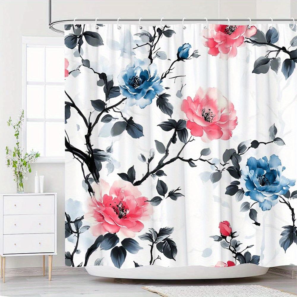 1pc Floral Watercolor Shower Curtain - Elegant Pink & Blue Blooms with Dark Branches, White Background, 70x70 Inches,