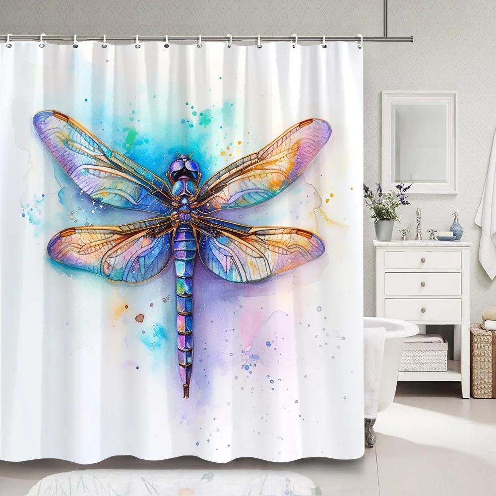 Dragonfly Watercolour Shower Curtain Dandelion Lavender Flower Polyester Fabric Home Art Bath Curtains Bathroom Decor with Hooks