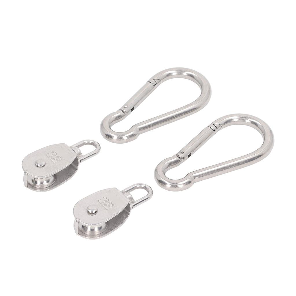 2Pcs M32 Single Pulley Block with 2 M12 Spring Snap Hook Stainless Steel Wire Rope Hanging Towing Wheel Pulley