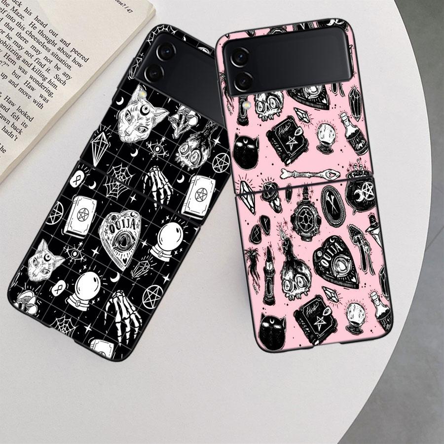 Witch Girl And Cat Case for Samsung Galaxy Z Flip 6 Flip 5 4 3 5G Black Cell Phone Cover Z Flip 5 Luxury PC Shell Coque