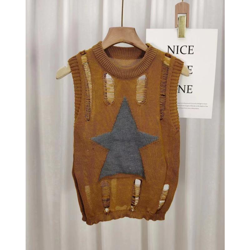 

Сексуальный модный дизайн с узором в виде звезд, полый женский жилет без рукавов, персонализированный короткий женский вязаный топ 2519# one size fits all жёлтый