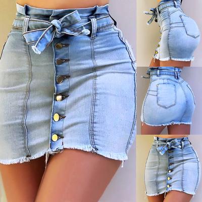 Women's Sexy Button Skinny Denim Skirt Casual Solid Color Lace-up Slim Upskirt