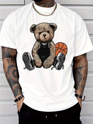 Sporty Bear With Basketball Sneaker Graphic Unisexs Cotton Crew Neck Tee Short Sleeve Loose Casual Daily Street Male Wear Top
