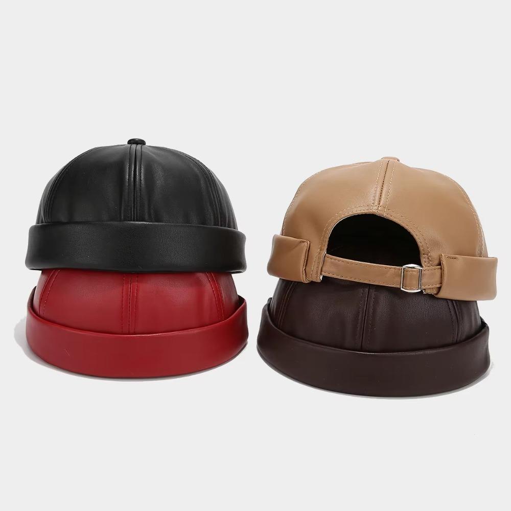 PU Leather Brimless Hat Retro Melon Skin Caps High Quality Docker Cap  Autumn Winter