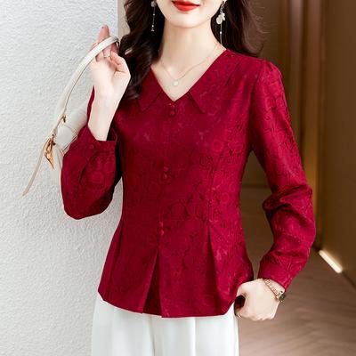 Rotes Hemd mit Jacquardmuster und Puppenkragen für Damen, Frühling, neue modische Mutter-Oberteil, tailliertes kurzes Basic-Shirt