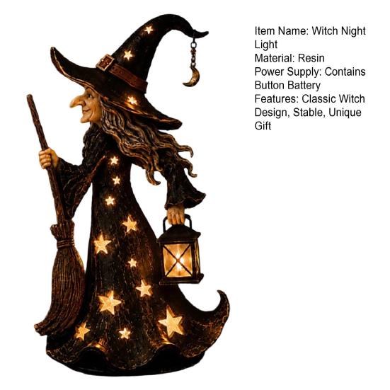 Collectible Halloween Figurine Witch with Star Light, Resin Tabletop Nightlight Lantern, Decorative Hollow Light Wizard Hat Broom Statue for