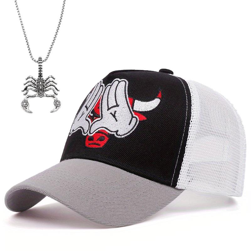 2pcs Embroidered Bullfighting Baseball Cap Scorpion Pendant Necklace Set of Fashion and Leisure Men's and Women's Versatile Sun Sports Duck Tongue Cap