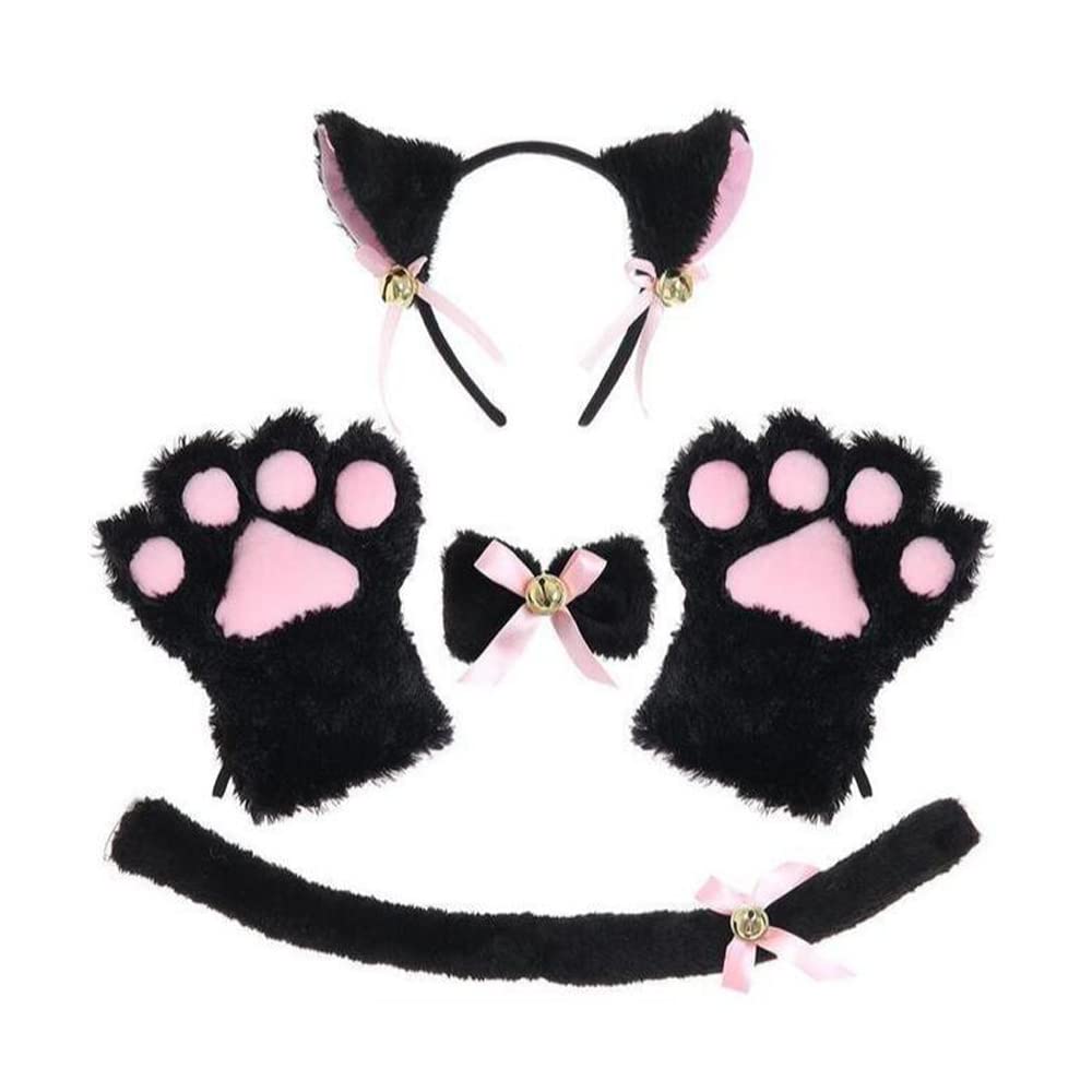 Cute Cat Costume Set with Cat Ear Paw and Bell Design for Halloween 4-Piece Headband, Choker, Gloves, Tail, Bow,