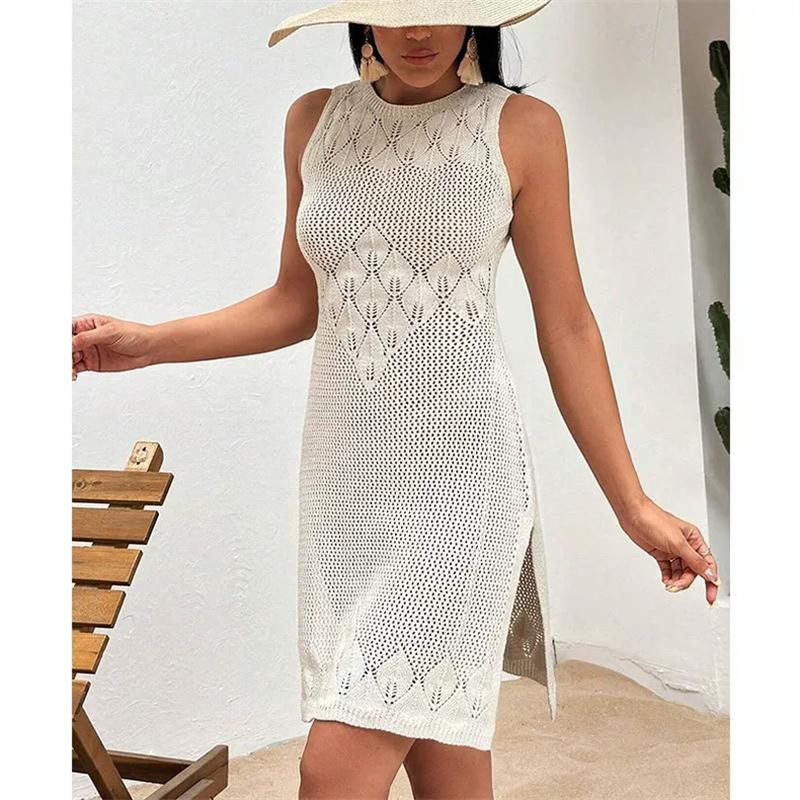 Summer Vacation Sexy Hollow Out O-neck Sleeveless Dress Solid Knitted Dress Elegant High Slit Dresses Beach Sunscreen Cover
