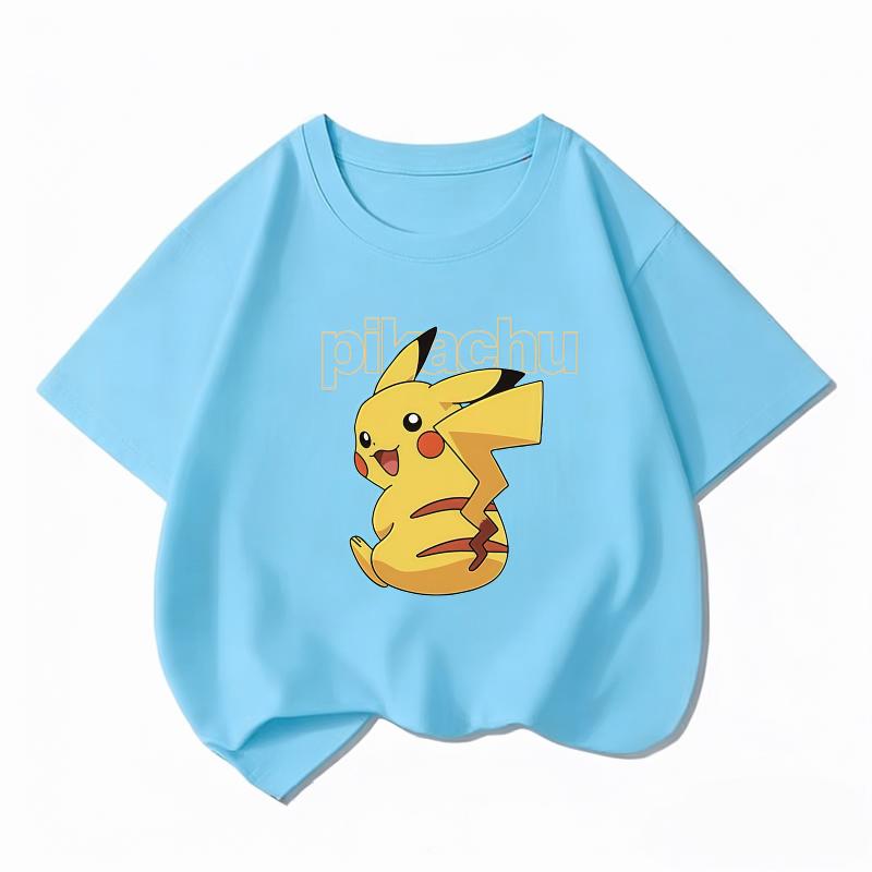 Potdemiel Kids Cotton Tshirt Cute Pikachu Cartoon Print Summer Short Sleeve Breathable Crew Neck Boys Girls Casual Tops