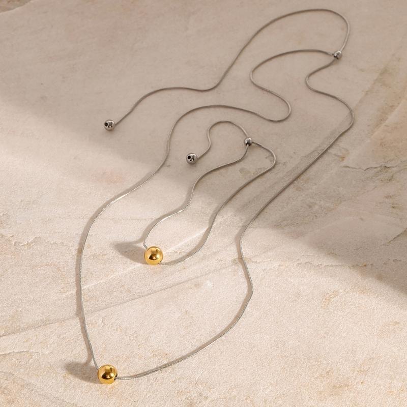 Delicate Stainless Steel Adjustable Necklace and Bracelet Set for Unisex with Round Sphere Pendant Luxurious Jewelry