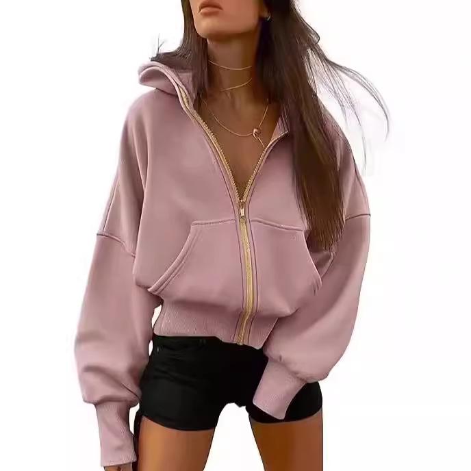 Women's Zip-Up Cropped Fleece Hoodie - 2024 Autumn/Winter Fashion