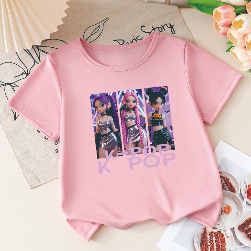 

Girls K-POP Halloween Demon Idol Print Short Sleeve T-Shirt Cute Cartoon Graphic Tee Kids Summer Casual Top 100 розовый