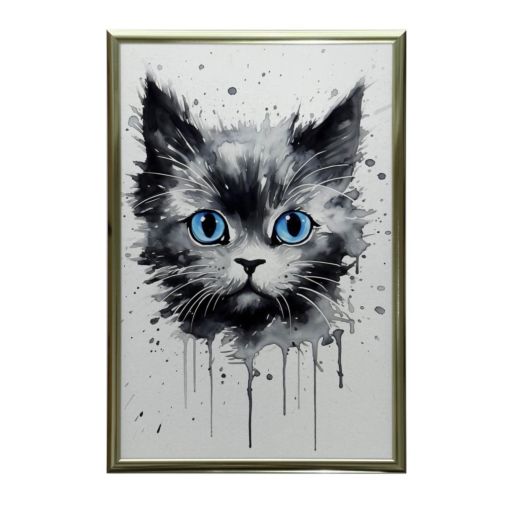 Kot W Akwareli Kot W Akwareli, 50X70 Cm, Rama Aluminiowa Złota, Papier Matowy 230 Gsm