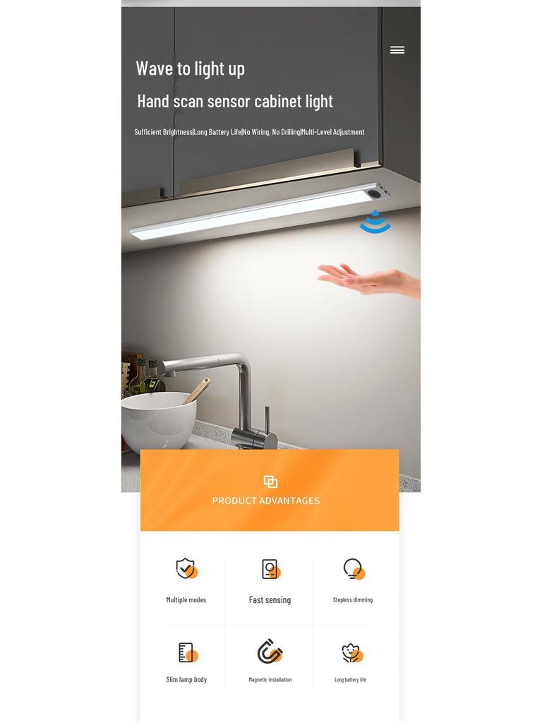 Wireless Rechargeable LED Motion Sensor Cabinet Light with Magnetic Strip for Kitchen, Desk, and Bedside