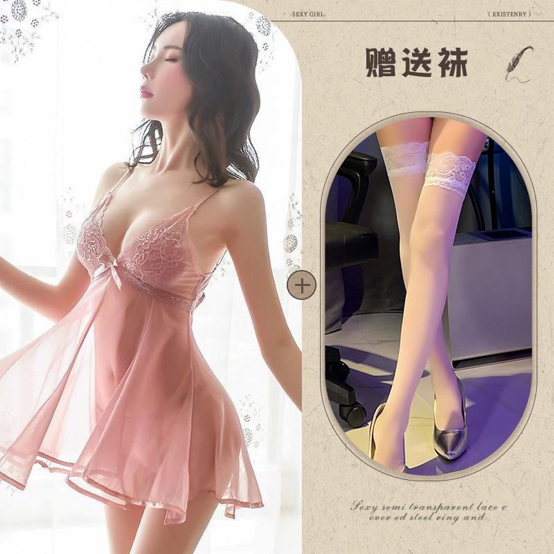 Sexy mesh pajamas erotic underwear perspective nightdress set suspender halter lace erotic loungewear