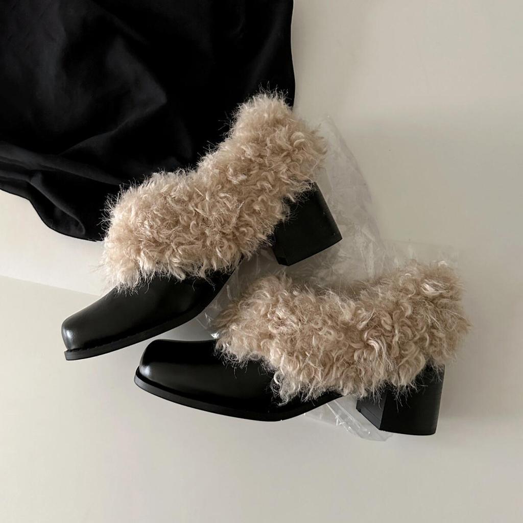 Retro Square Head Leather Single Shoes Women's One-pedal Velvet Warm Cotton Shoes Fluffy Temperament High-heeled Women's Shoes