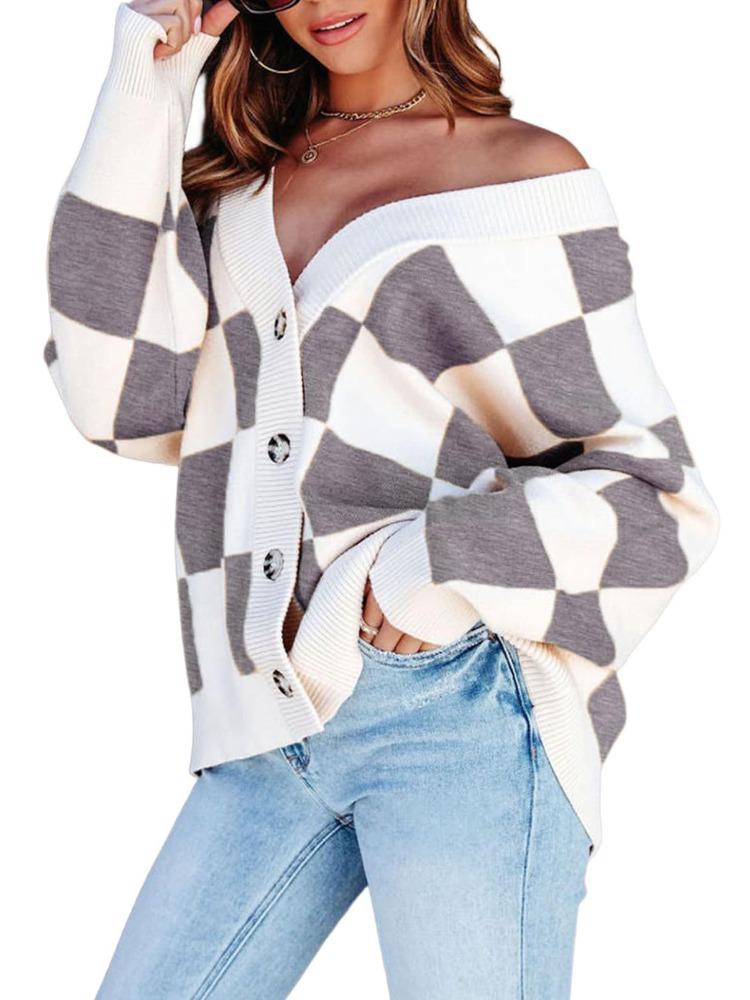 Autumn Winter Women's Casual Loose Checkered Checkerboard Plaid Collision V-neck Buttoned Long-sleeved Knit Cardigan Comfortable Long Sleeves Sweater