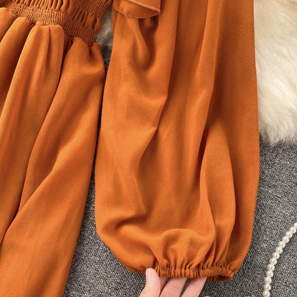 Весенняя женская шифоновая юбка с квадратным вырезом и пышными рукавами во французском — фото 6