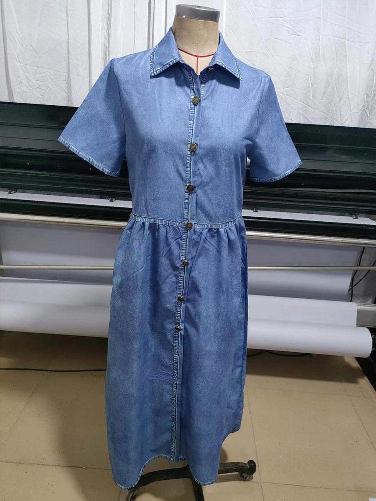 Spring Hot Style Shirt Collar Casual Denim Short Sleeve Dress