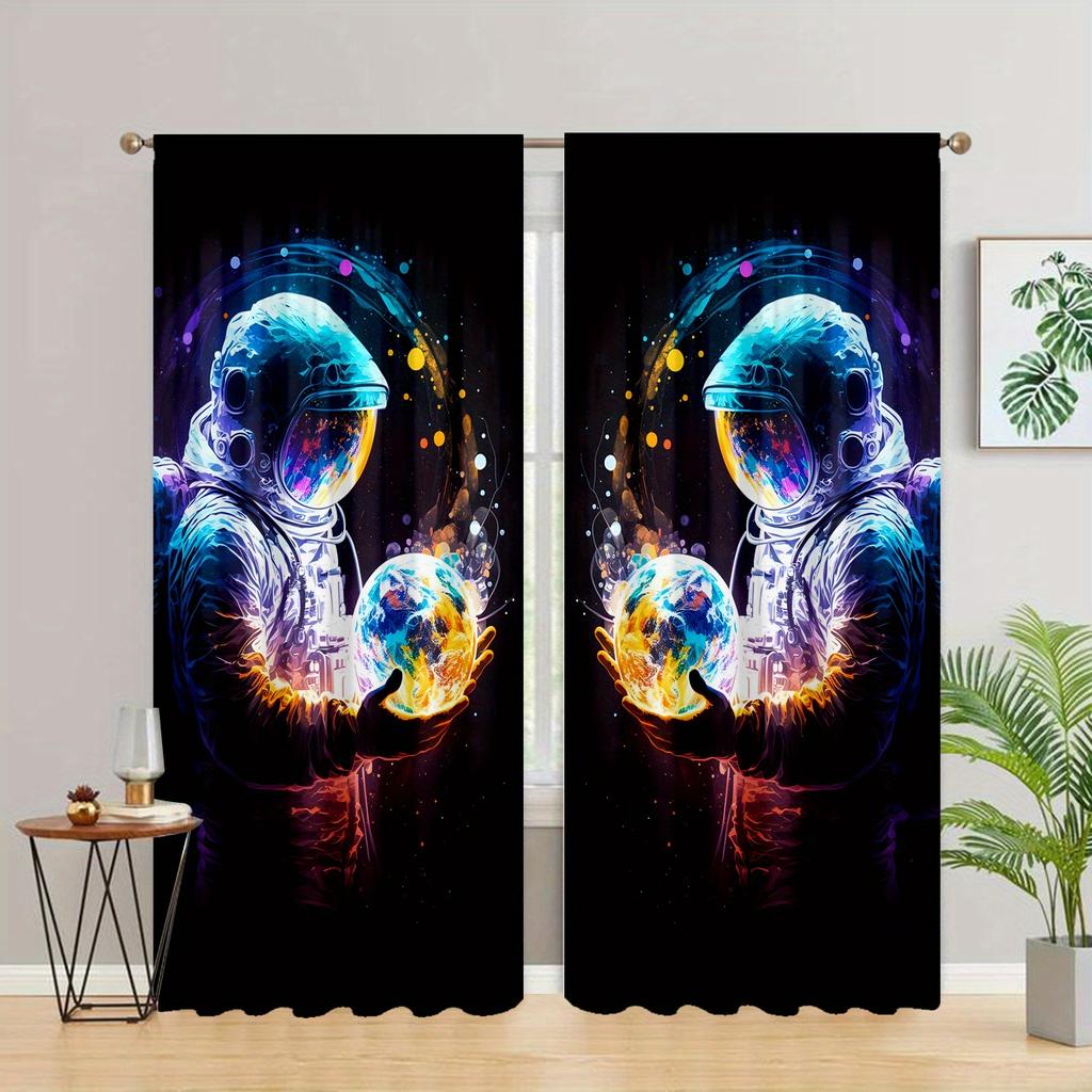2pcs Universe Starry Sky Space Patterns Washable Rod Pocket Astronaut Curtain For Bedroom Office Kitchen Living Room Study Home