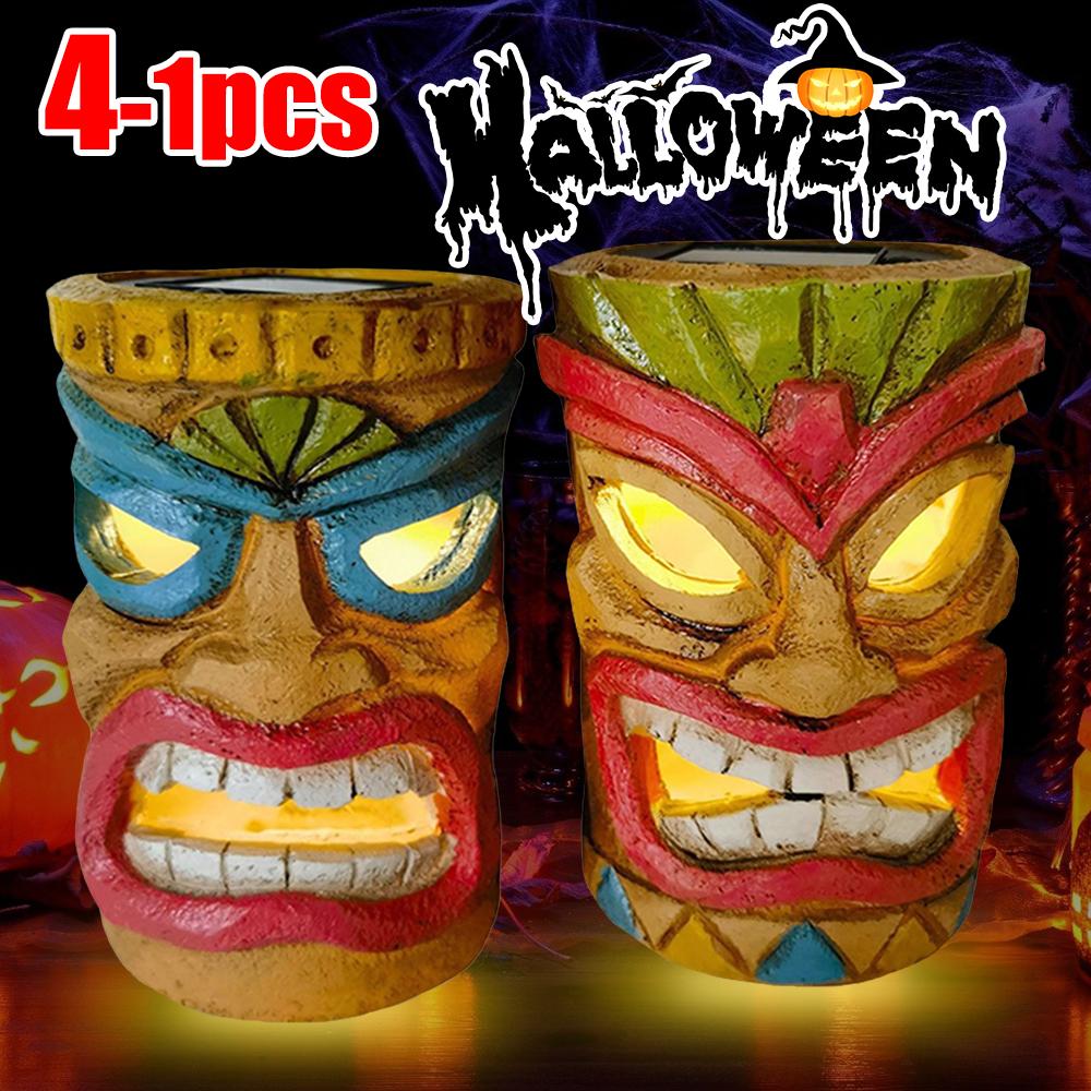 Tiki Totem Decor Hawaii Maya Tribe Solar Outdoor Lights Creative Resin Garden Lawn Tiki Statues Led Lights Lamp Halloween Decor
