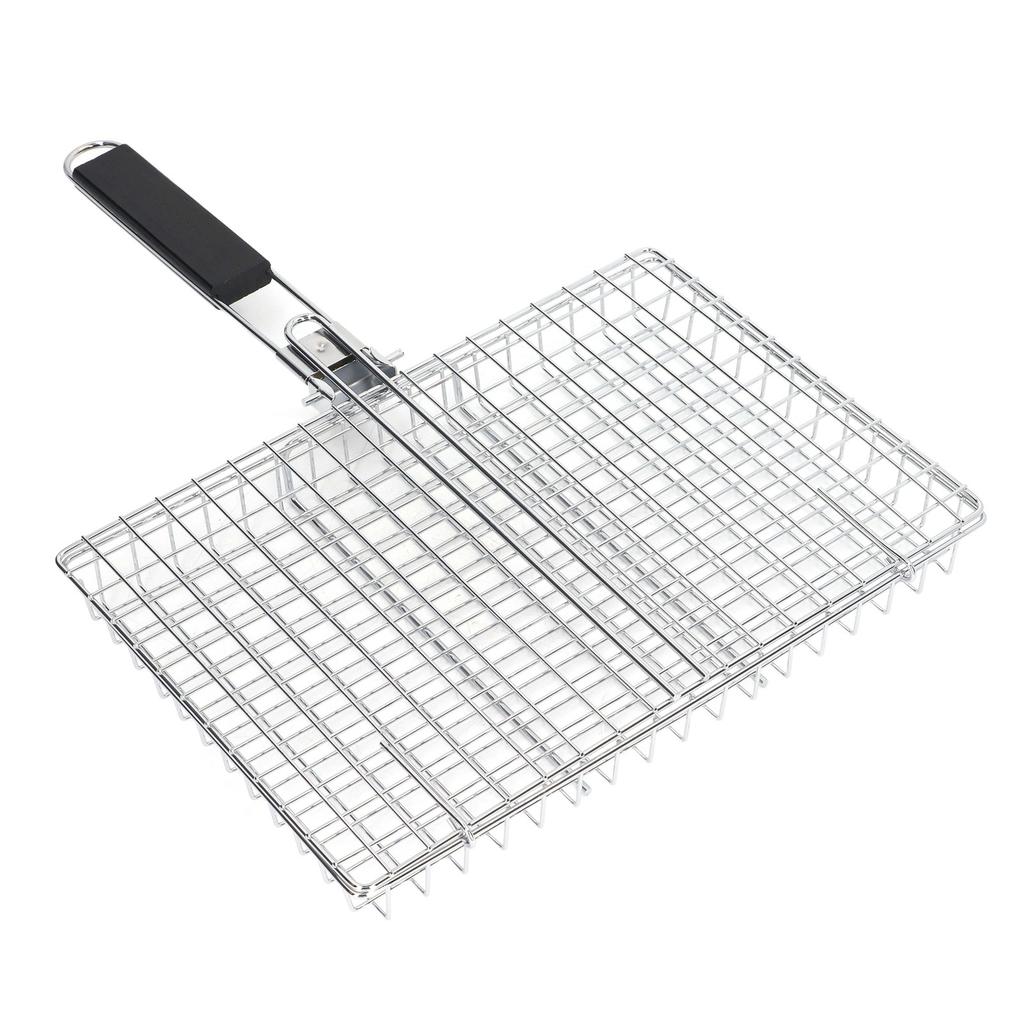 BBQ Grilling Basket Stainless Steel Folding Reusable Heat Resistant Wooden Handle Barbecue Rack for
