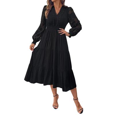 Neues Herbst Süßes und Elegantes V-Ausschnitt Tailliertes Spitzen Langarm Einfarbiges Kleid für Damen