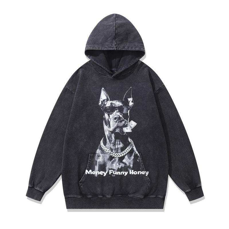 European And American High Street Retro Washed Doberman Digital Direct Injection Printing Pullover Hoodie Loose Hooded Sweater Men