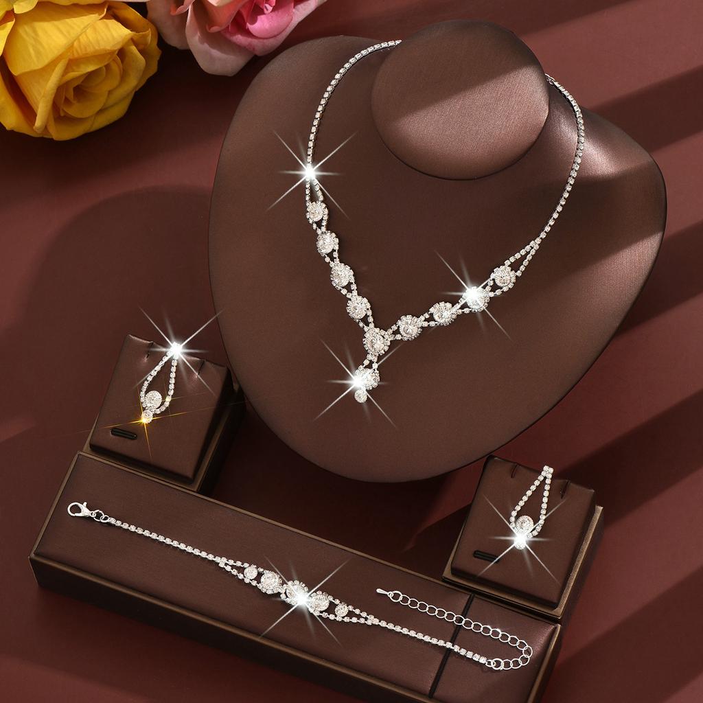 4PCS Fashion Elegant Crystal Jewelry Sets for Women Rhinestones Necklace Ring Earrings Bridal Wedding Party Jewelry Sets