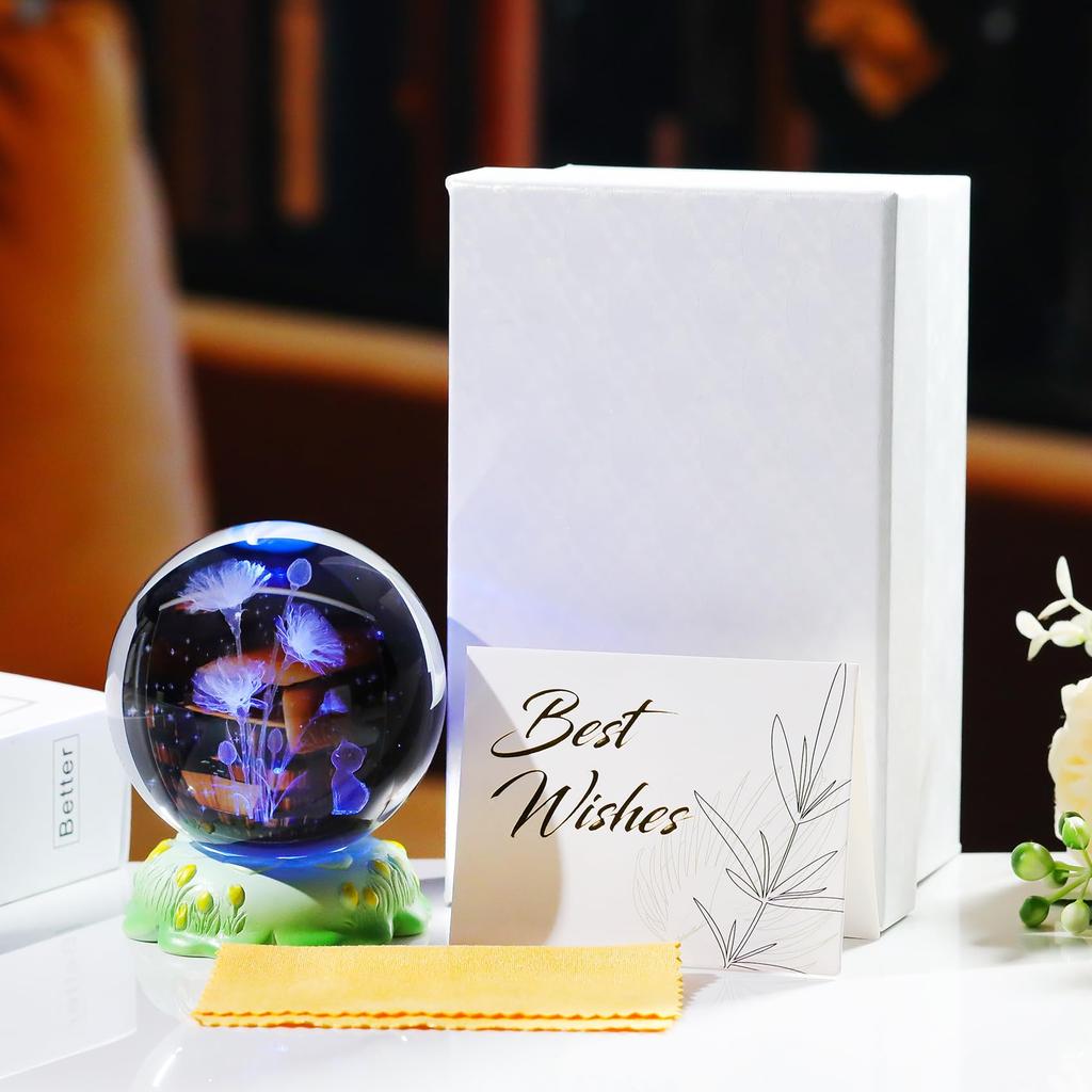 K9 Crystal Ball with Cute Cat and Carnation Bouquet, LED Light Base, Birthday Gift for Mom, Gift for Women, Mother's Day Gift