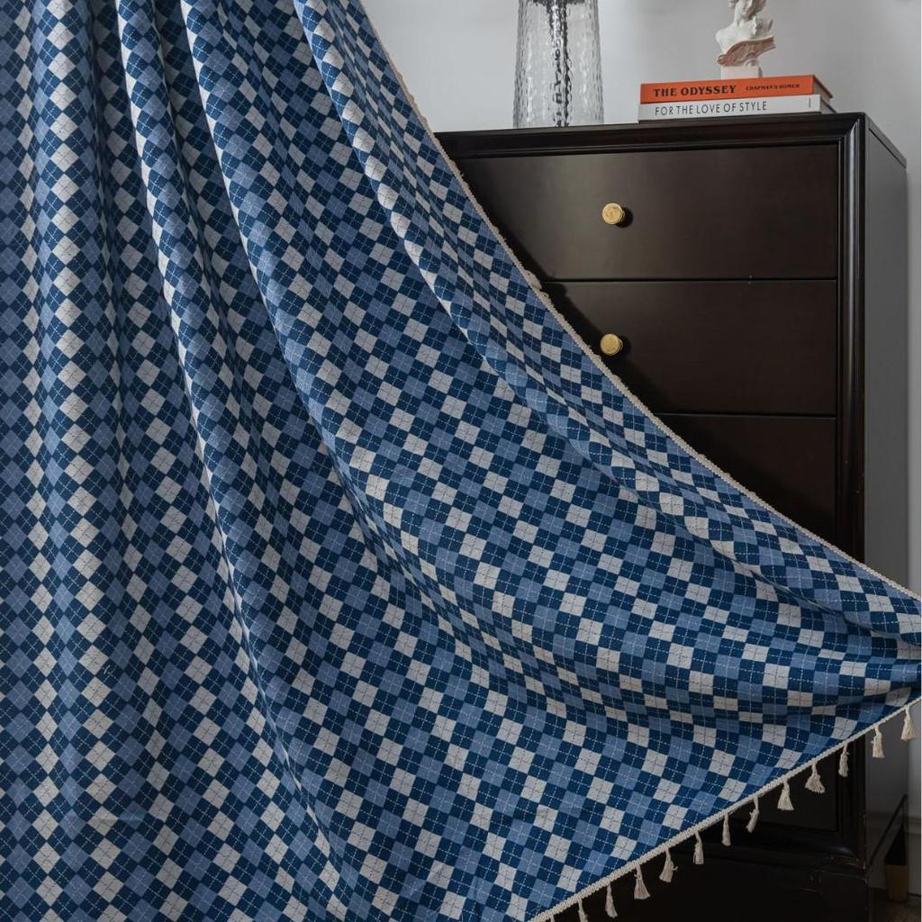 Yimanqiyun Blue French Grid Jacquard Semi-Blackout Bay Window Curtains