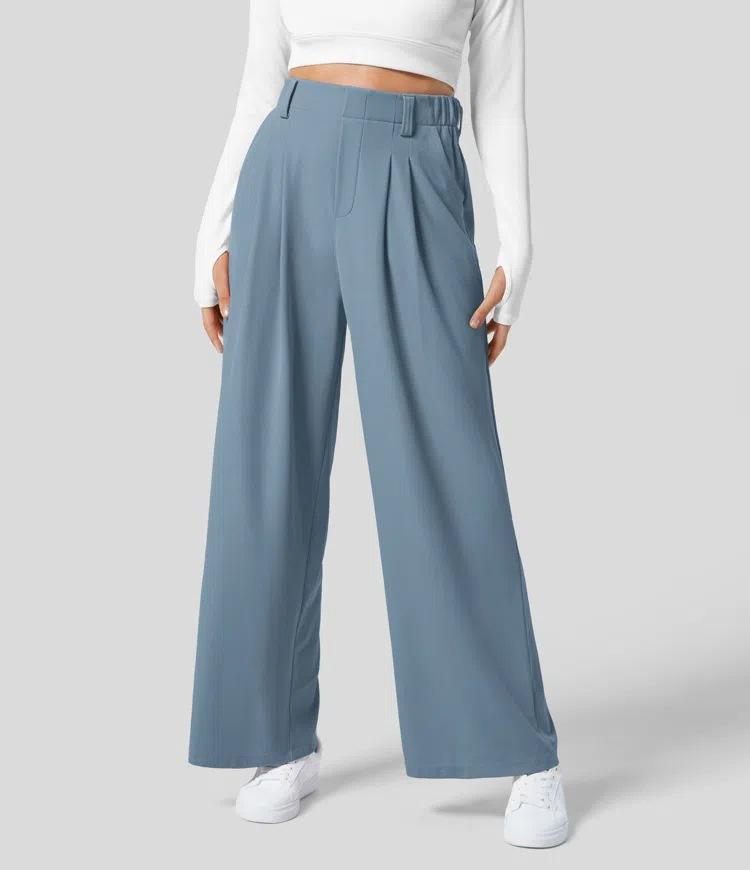 Women's High Waist Pleated Wide Leg Dress Pants Solid Color Office Business Trousers With Side Pockets