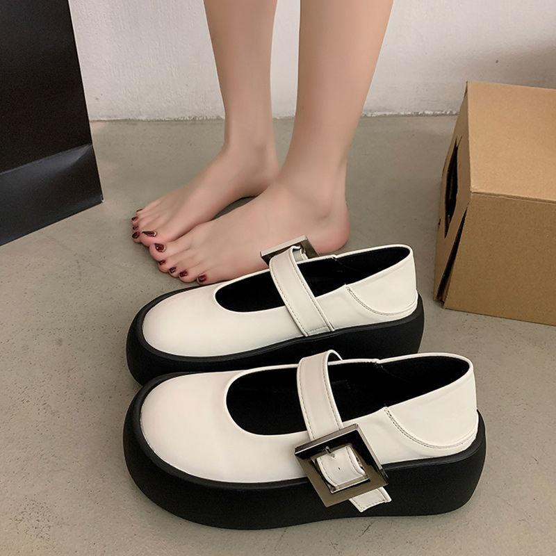 2025 autumn and winter new shallow mouth simple Mary Jane boat shoes big head small leather shoes platform muffin one word single shoes women